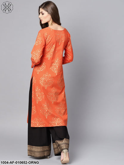 Women Orange Long Sleeves Round Neck Straight Pure Cotton Kurta And Palazzo Set