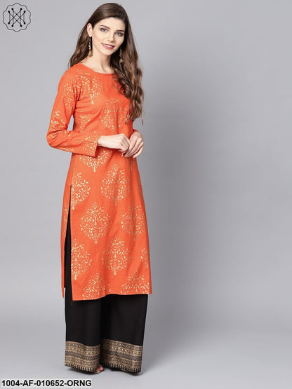 Women Orange Long Sleeves Round Neck Straight Pure Cotton Kurta And Palazzo Set