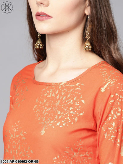 Women Orange Long Sleeves Round Neck Straight Pure Cotton Kurta And Palazzo Set