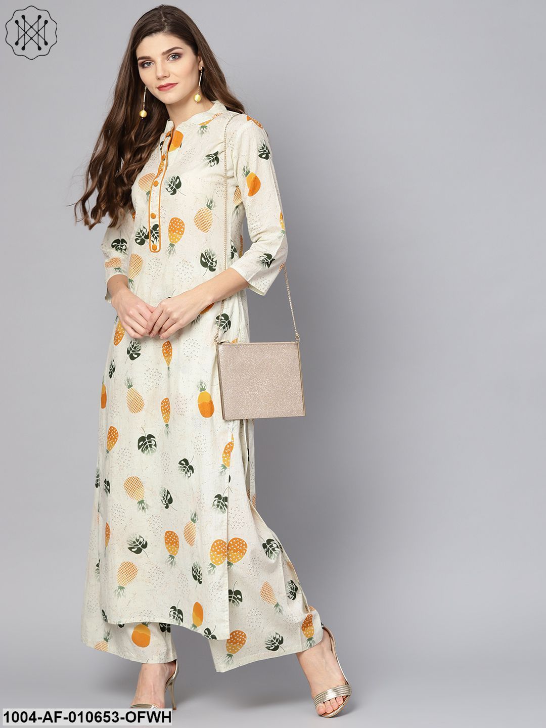 Women Off White Three-Quarter Sleeves Mandarin Collar Straight Pure Cotton Kurta And Palazzo Set