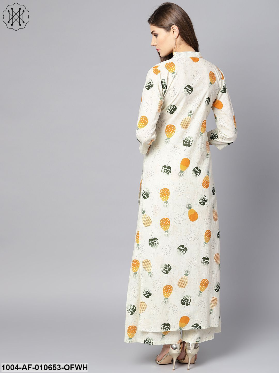 Women Off White Three-Quarter Sleeves Mandarin Collar Straight Pure Cotton Kurta And Palazzo Set