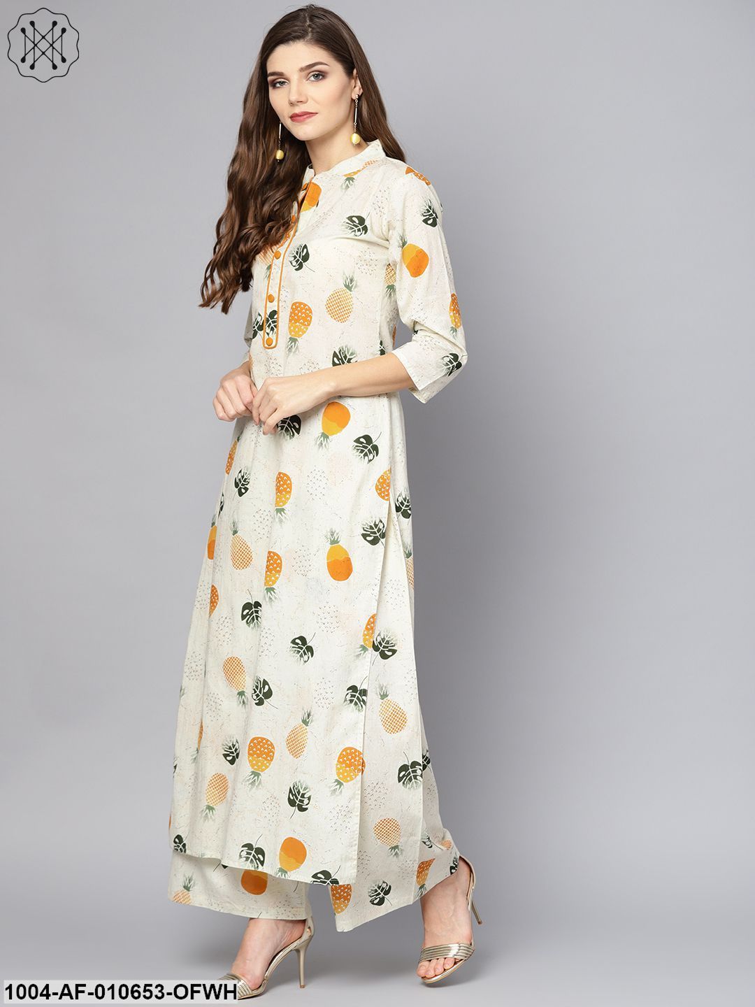 Women Off White Three-Quarter Sleeves Mandarin Collar Straight Pure Cotton Kurta And Palazzo Set