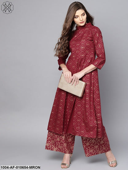 Women Maroon Three-Quarter Sleeves Round Neck A-Line Pure Cotton Kurta And Palazzo Set