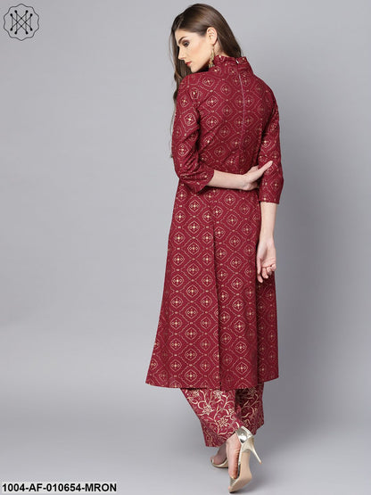 Women Maroon Three-Quarter Sleeves Round Neck A-Line Pure Cotton Kurta And Palazzo Set