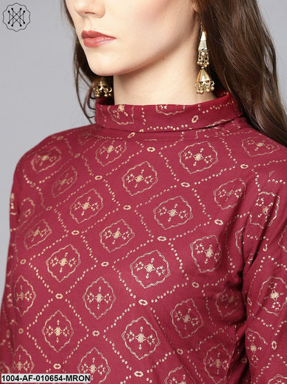 Women Maroon Three-Quarter Sleeves Round Neck A-Line Pure Cotton Kurta And Palazzo Set