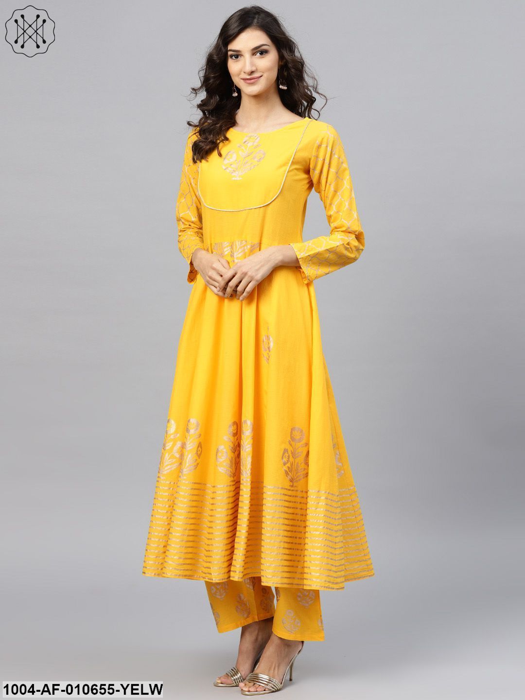 Women Yellow Three-Quarter Sleeves Round Neck Anarkali Pure Cotton Kurta And Palazzo Set