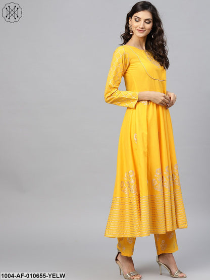 Women Yellow Three-Quarter Sleeves Round Neck Anarkali Pure Cotton Kurta And Palazzo Set