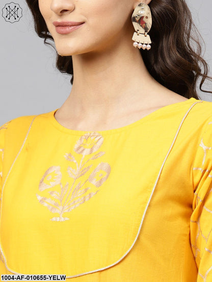 Women Yellow Three-Quarter Sleeves Round Neck Anarkali Pure Cotton Kurta And Palazzo Set