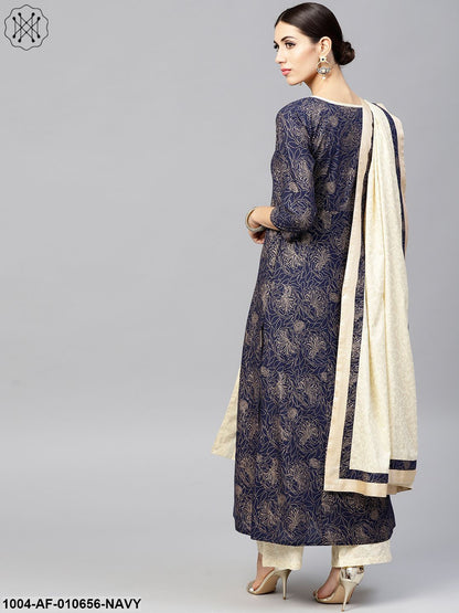 Women Navy Blue Three-Quarter Sleeves Round Neck A-Line Pure Cotton Kurta And Palazzo With Dupatta Set