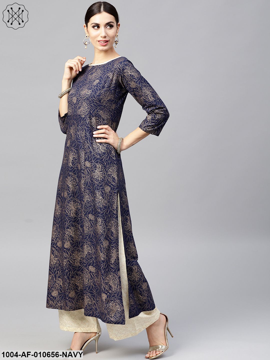Women Navy Blue Three-Quarter Sleeves Round Neck A-Line Pure Cotton Kurta And Palazzo With Dupatta Set