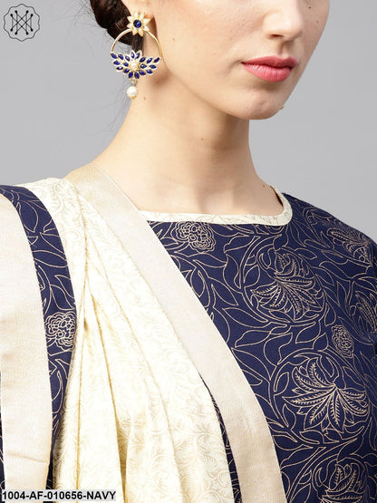 Women Navy Blue Three-Quarter Sleeves Round Neck A-Line Pure Cotton Kurta And Palazzo With Dupatta Set