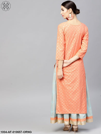 Women Orange Three-Quarter Sleeves Round Neck Straight Pure Cotton Kurta And Palazzo Set