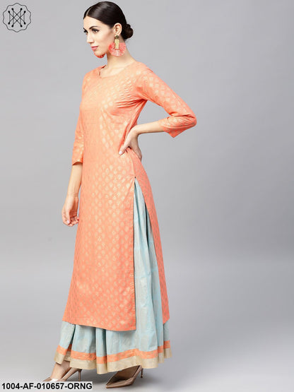 Women Orange Three-Quarter Sleeves Round Neck Straight Pure Cotton Kurta And Palazzo Set
