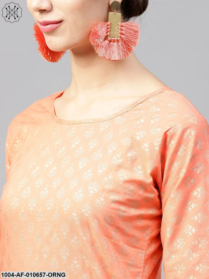 Women Orange Three-Quarter Sleeves Round Neck Straight Pure Cotton Kurta And Palazzo Set