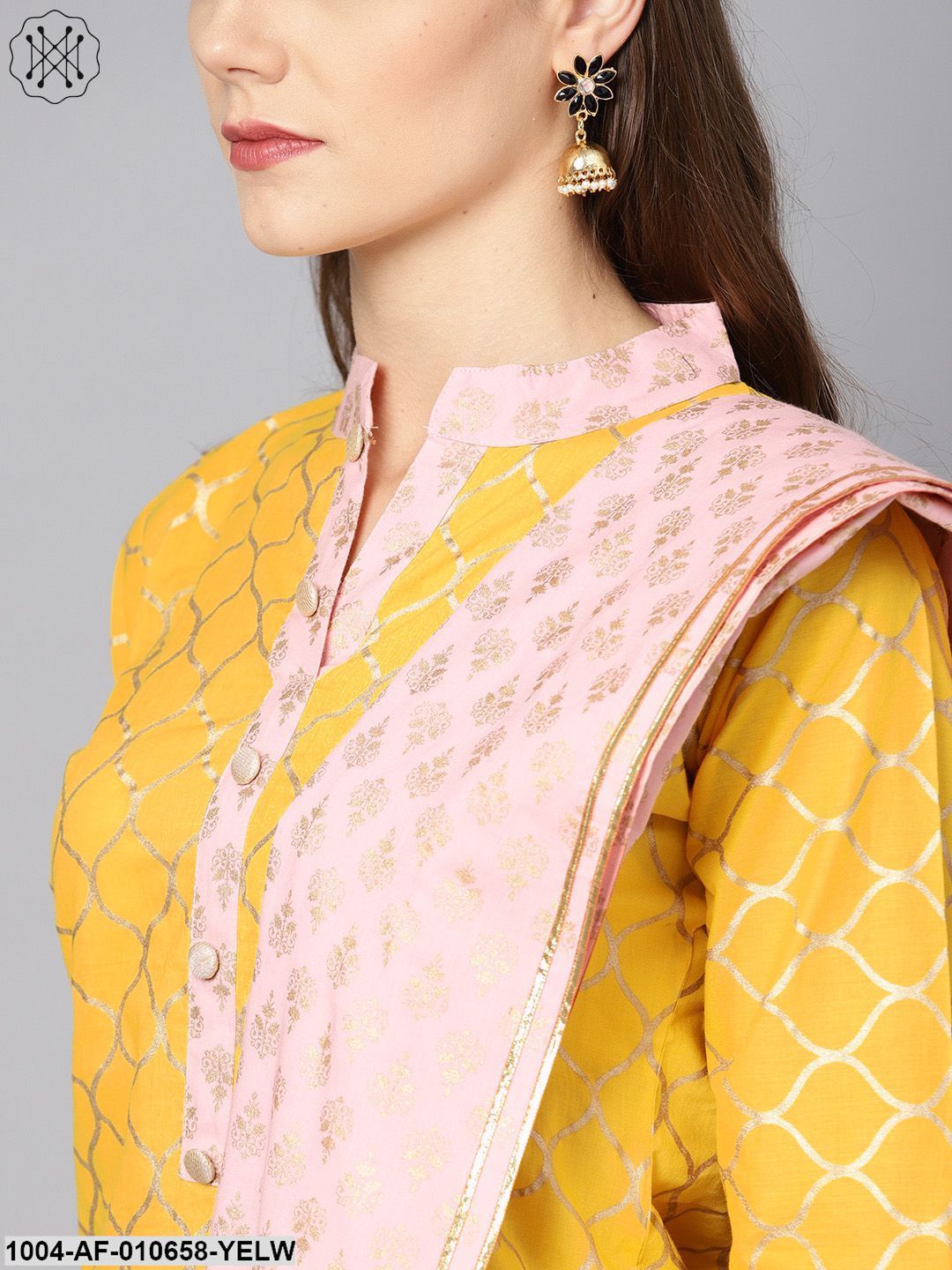 Women Yellow Three-Quarter Sleeves Mandarin Collar Straight Pure Cotton Kurta And Palazzo With Dupatta Set