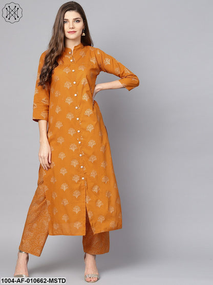 Women Mustard Three-Quarter Sleeves Mandarin Collar Straight Pure Cotton Kurta And Palazzo Set