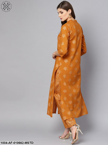 Women Mustard Three-Quarter Sleeves Mandarin Collar Straight Pure Cotton Kurta And Palazzo Set