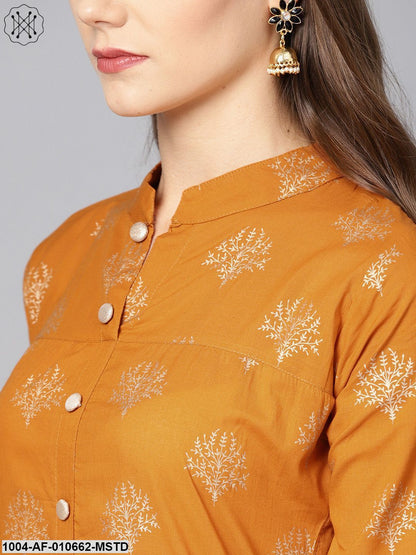 Women Mustard Three-Quarter Sleeves Mandarin Collar Straight Pure Cotton Kurta And Palazzo Set