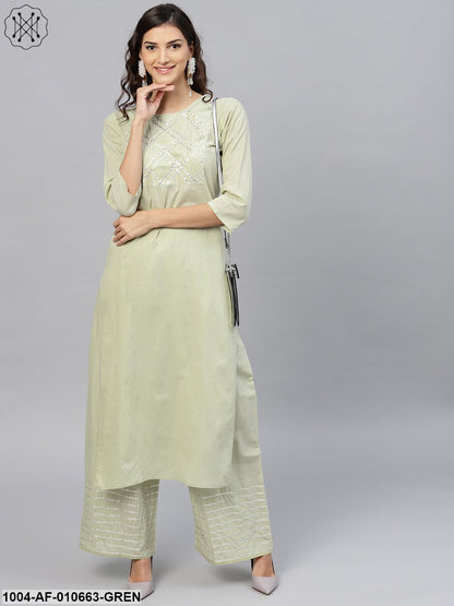 Women Sea Green Three-Quarter Sleeves Round Neck Straight Pure Cotton Kurta And Palazzo Set