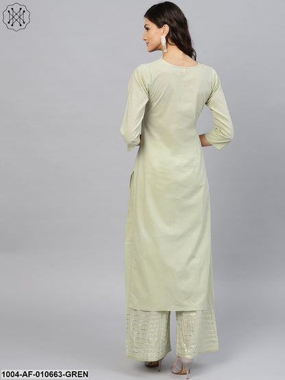 Women Sea Green Three-Quarter Sleeves Round Neck Straight Pure Cotton Kurta And Palazzo Set