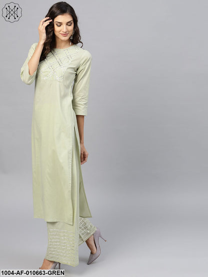 Women Sea Green Three-Quarter Sleeves Round Neck Straight Pure Cotton Kurta And Palazzo Set