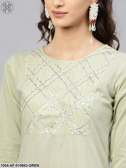 Women Sea Green Three-Quarter Sleeves Round Neck Straight Pure Cotton Kurta And Palazzo Set
