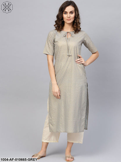 Women Grey Short Sleeves Keyhole Neck Straight Pure Cotton Kurta And Trousers Set
