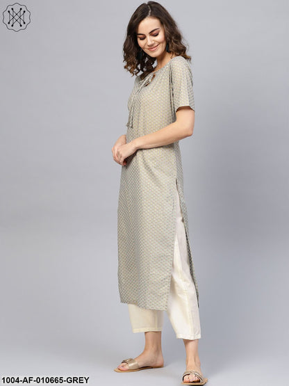 Women Grey Short Sleeves Keyhole Neck Straight Pure Cotton Kurta And Trousers Set