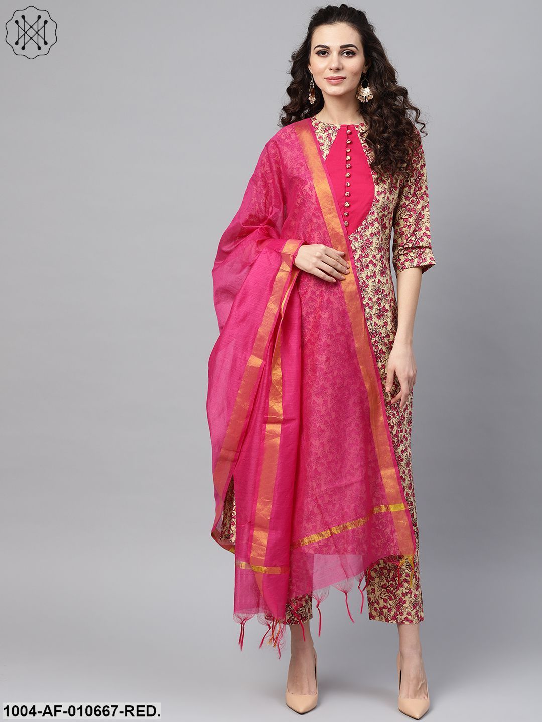 Women Red Short Sleeves Round Neck Straight Pure Cotton Kurta And Palazzos With Dupatta Set