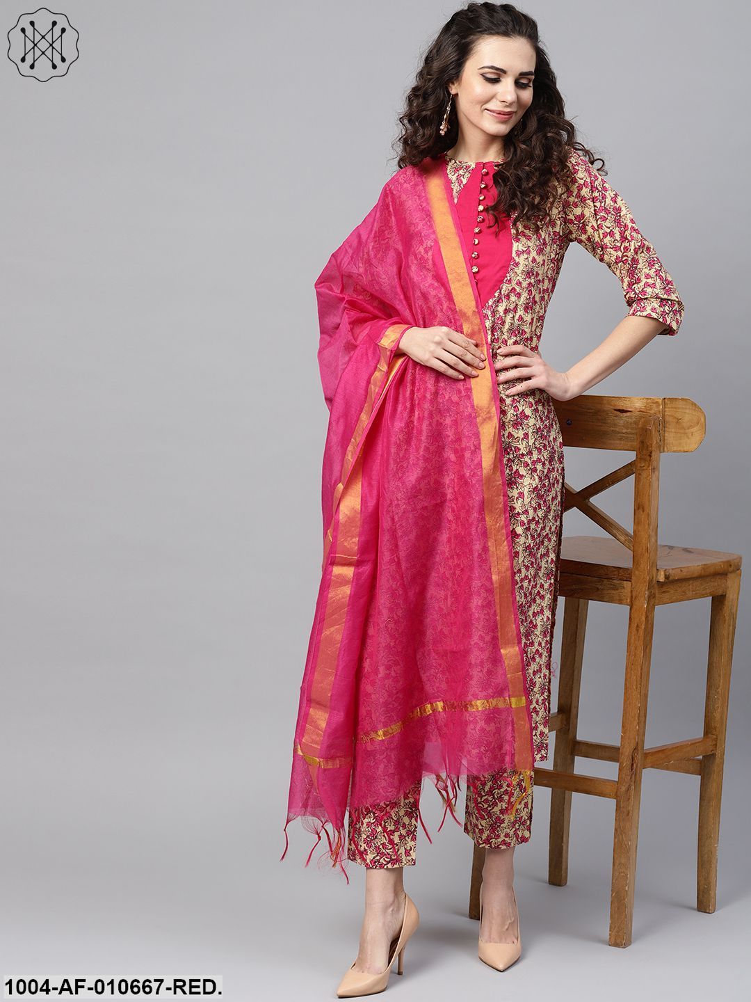 Women Red Short Sleeves Round Neck Straight Pure Cotton Kurta And Palazzos With Dupatta Set