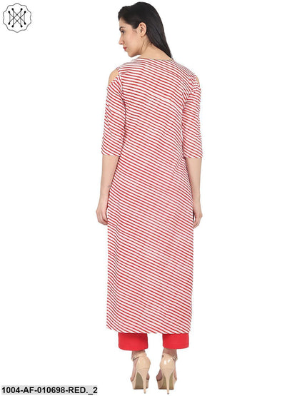 Red Striped 3/4Th Sleeve Cotton Kurta With Red Straight Palazzo