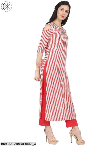 Red Striped 3/4Th Sleeve Cotton Kurta With Red Straight Palazzo