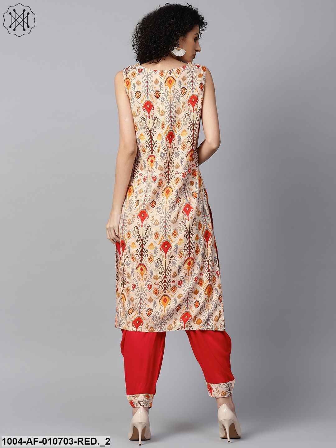 Red Printed Sleeveless Cotton Kurta With Red Ankle Length Dhoti