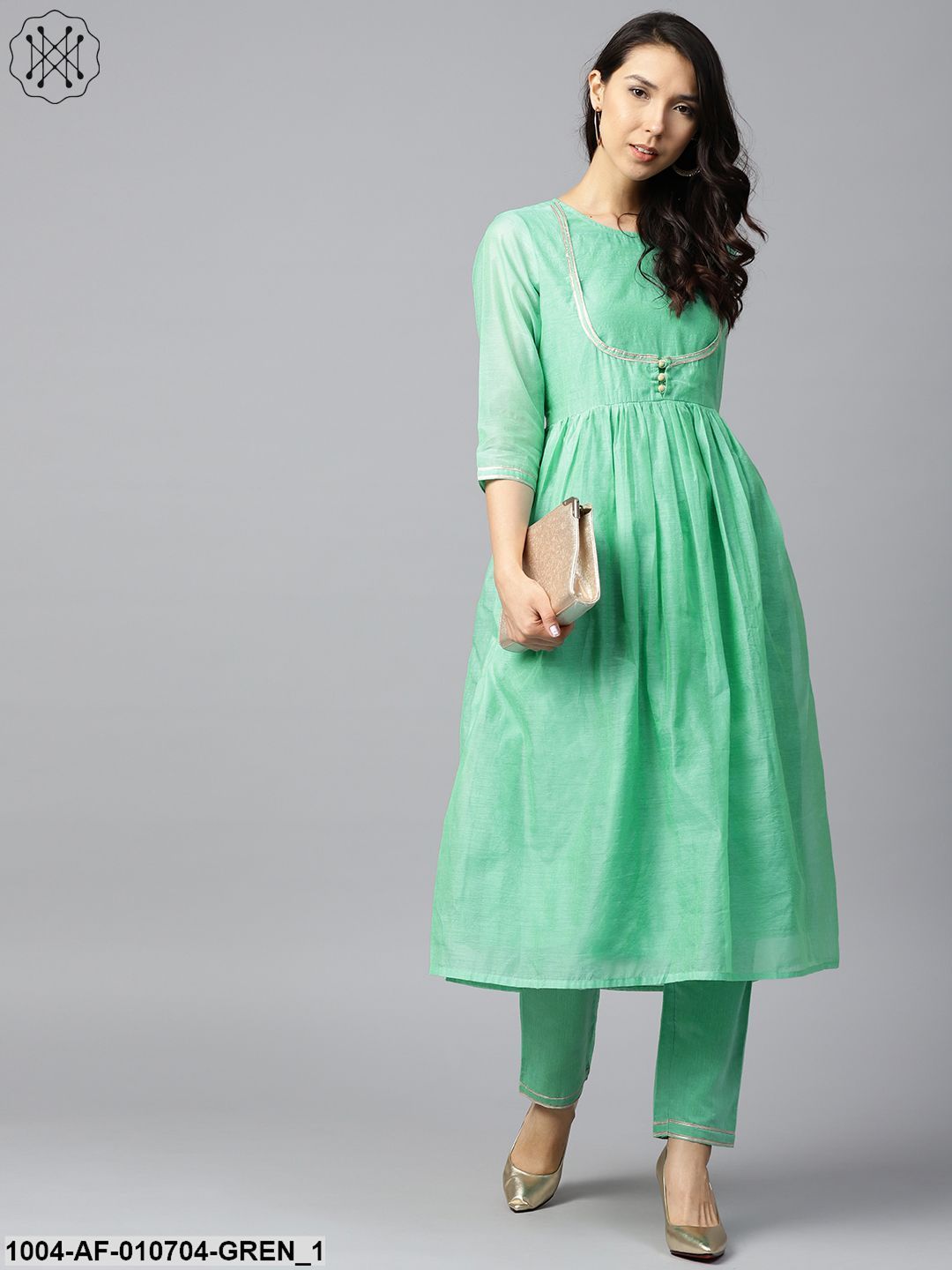Green 3/4Th Sleeve Chandari Anarkali Kurta With Ankle Length Palazzo