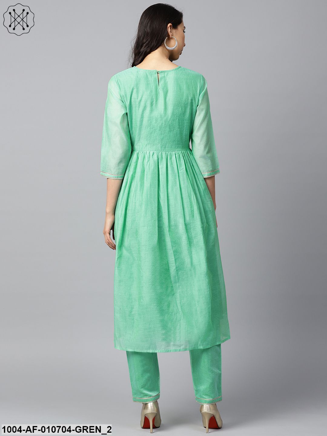 Green 3/4Th Sleeve Chandari Anarkali Kurta With Ankle Length Palazzo