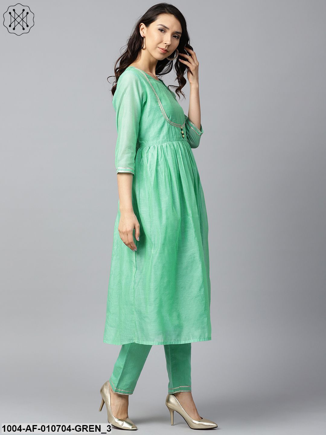 Green 3/4Th Sleeve Chandari Anarkali Kurta With Ankle Length Palazzo