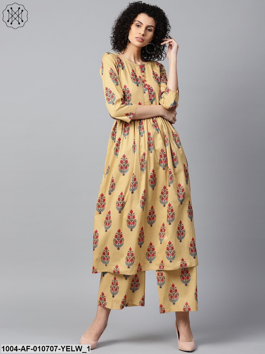 Yellow Printed 3/4Th Sleeve Cotton Anarkali Kurta With Printed Palazzo