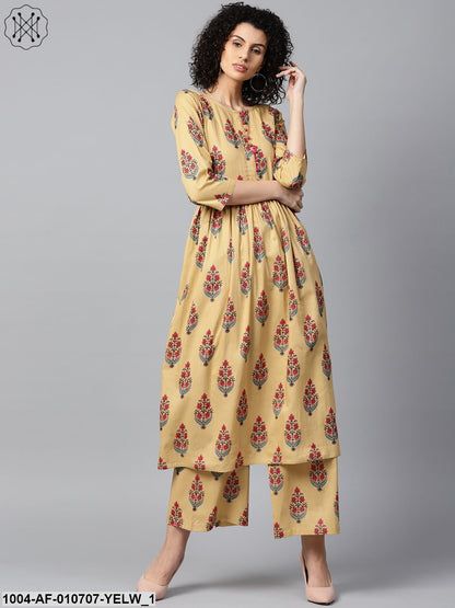 Yellow Printed 3/4Th Sleeve Cotton Anarkali Kurta With Printed Palazzo