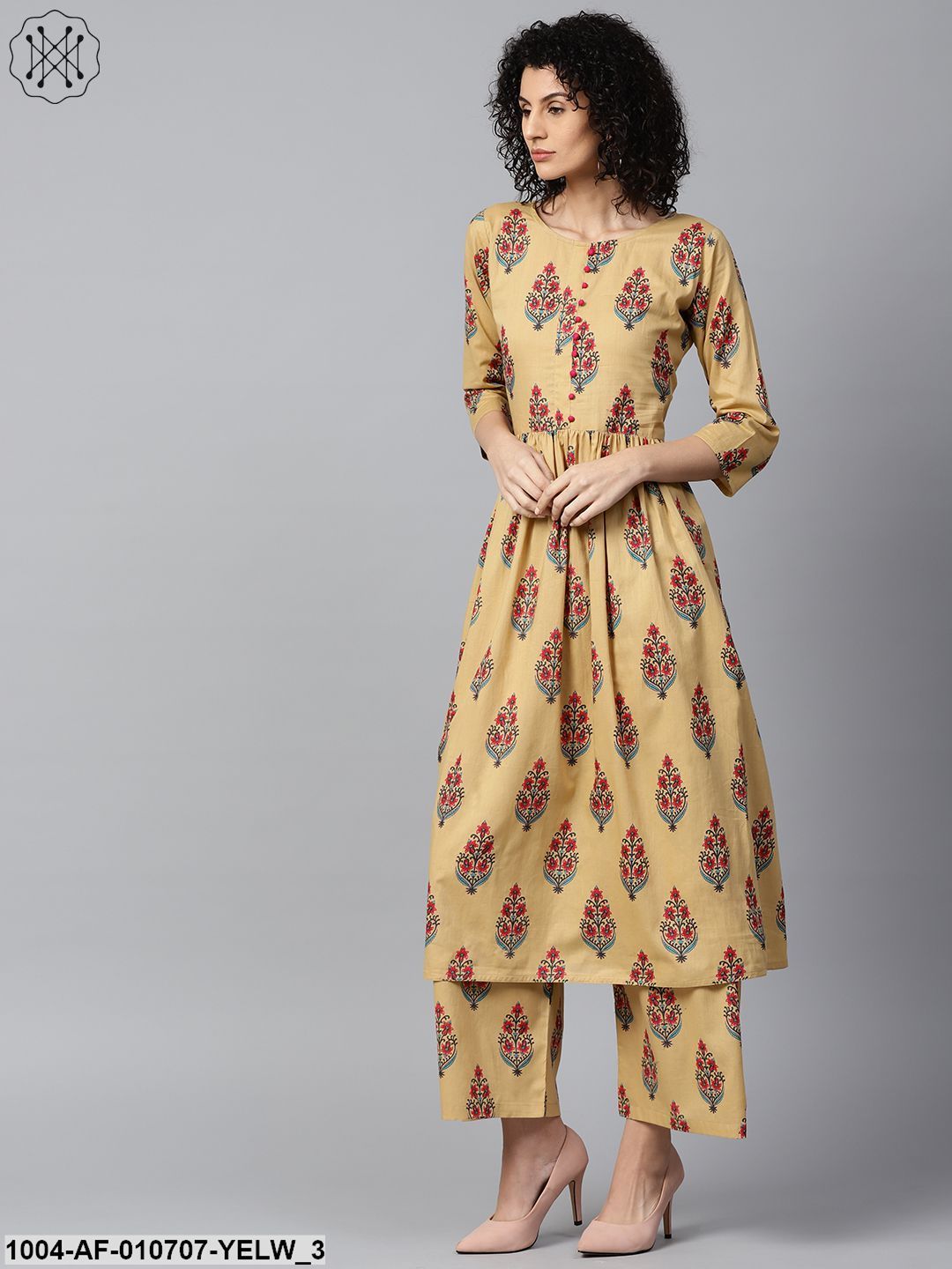 Yellow Printed 3/4Th Sleeve Cotton Anarkali Kurta With Printed Palazzo