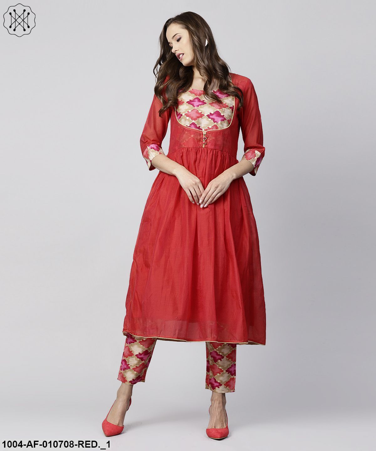 Women Red & Beige Solid Kurta With Trousers