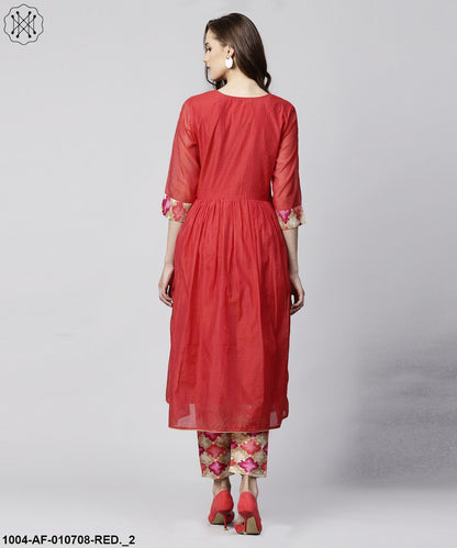 Women Red & Beige Solid Kurta With Trousers