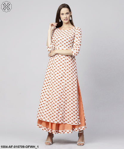 Women Off-White & Orange Printed Kurta With Skirt