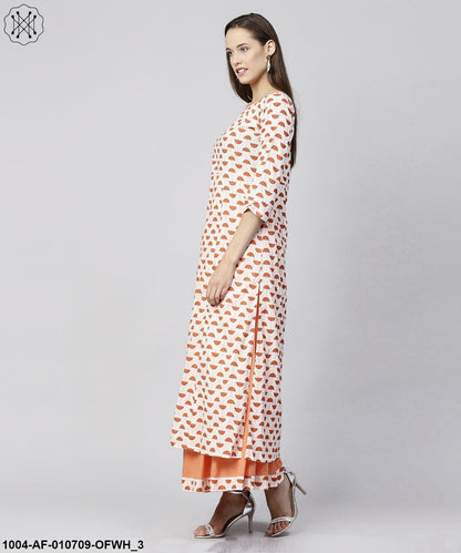 Women Off-White & Orange Printed Kurta With Skirt