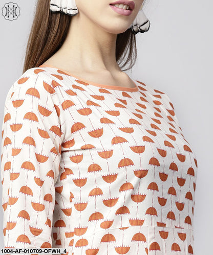 Women Off-White & Orange Printed Kurta With Skirt
