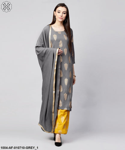 Women Grey & Yellow Printed Kurta With Palazzos & Dupatta