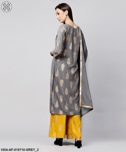Women Grey & Yellow Printed Kurta With Palazzos & Dupatta