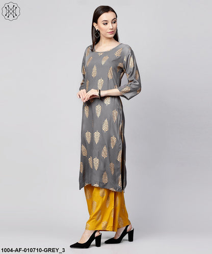 Women Grey & Yellow Printed Kurta With Palazzos & Dupatta