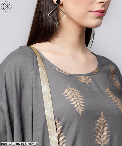 Women Grey & Yellow Printed Kurta With Palazzos & Dupatta