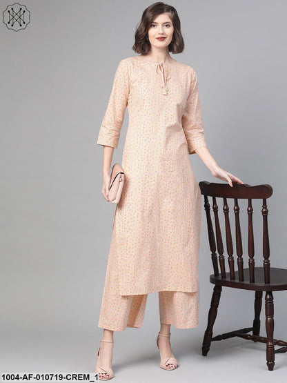 Women Cream & Pink Straight Floral Printed Kurta And Palazzos Set