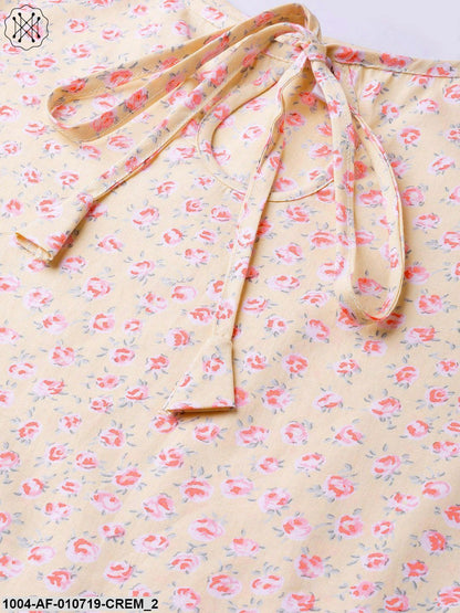 Women Cream & Pink Straight Floral Printed Kurta And Palazzos Set